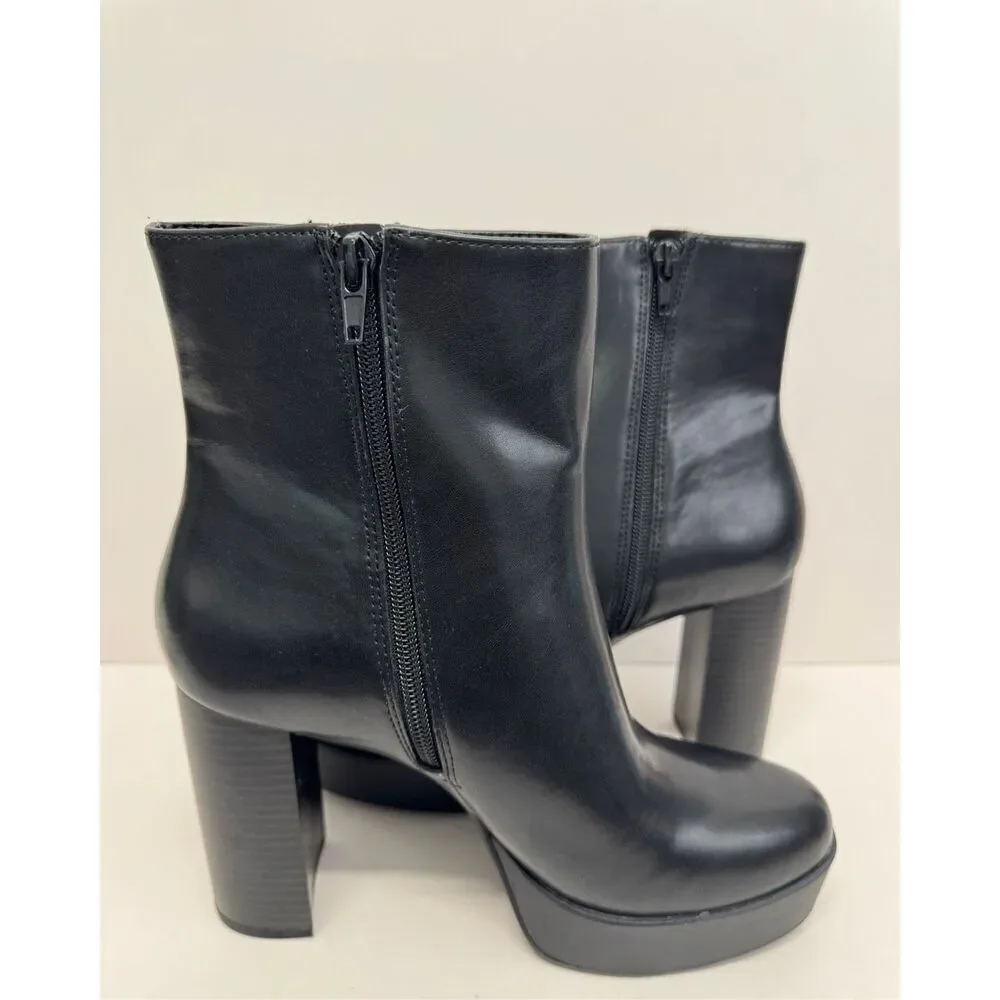 Alfani Boots Size 8.5 Black Almond Toe Faux Leather High Heel Side Zip NEW‎